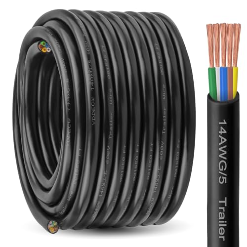 YDDECW 5 Way Trailer Wire - 14 Gauge 5 Conductor 100FT Pure Copper Heavy Duty Cable Extension Rv Trailer Wiring Cord Insulated 14/5 Cable for Rv and Automotive