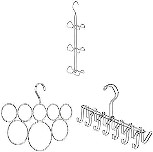 iDesign Tie and Belt Hanger with 14 Hooks, Handy Metal Tie Rack for Wardrobe or Closet, Practical Wardrobe Hanging Storage for Handbags and Small Scarves, Silver