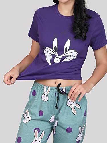 Image of Evolove Women's Cotton Round Neck Short SleevesNight Suit Set /Top Pyjama Set Super Soft Comfortable (Nightsuit-Round-HS-4)