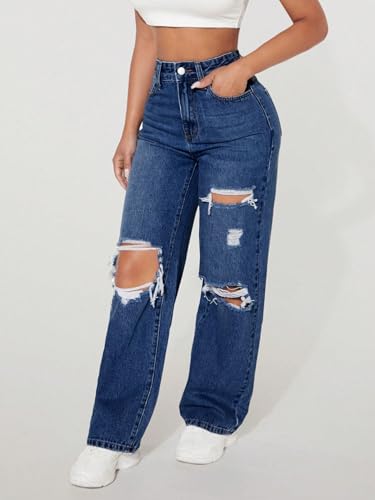 Image of Solid High Waist Ripped Straight Leg Pant & Trouser for Women's & Girl's