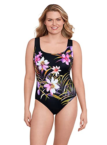 Longitude Women's Swimwear Beach Corsage Panel Scoopneck Tank Soft Cup One Piece Swimsuit, Pink/Multi, 12 #TOP6