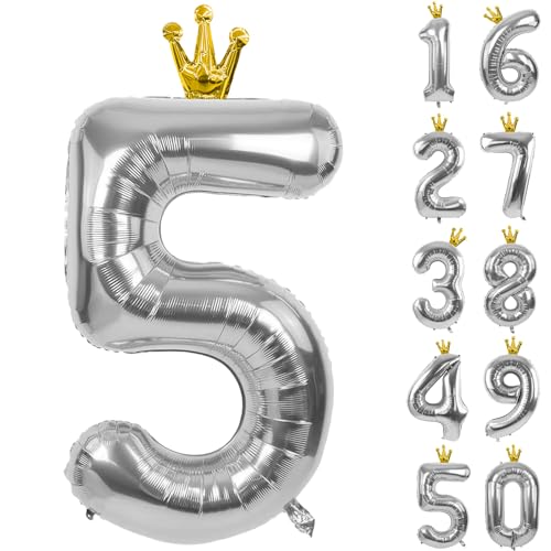 Silver Number 5 Balloon with Crown, 40 inch Silver Number Balloon 5th Birthday Party Decoration Silver Crown Balloons 0-9 for Birthday Party Anniversary Decorations Supplies