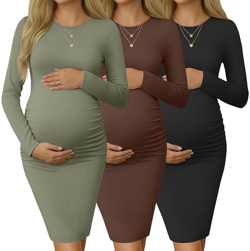 Riyiper 3 Pack Women's Long Sleeve Maternity Dresses Ruched Pregn...