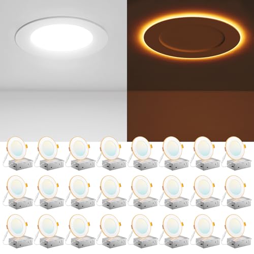 Amico 24 Pack 4 Inch 5CCT LED Recessed Ceiling Light with Night Light, 2700K/3000K/3500K/4000K/5000K Selectable Ultra-Thin Recessed Lighting, 10W=90W, 700LM, Dimmable Canless Wafer Downlight ETL&FCC by Amico - Used condition - US$129.99