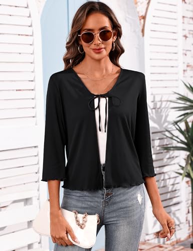 Image of Aiboria Women's Tie Front Shrug 3 /4 Sleeve Ribbed Bolero Lightweight Cropped Cardigan S-XXL
