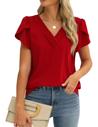 Fayenne Womens Tops Dressy Casual V Neck Ruffle Short Sleeve Blouse Business Casual Tops Chiffon Flowy Shirt Cute Summer Tops