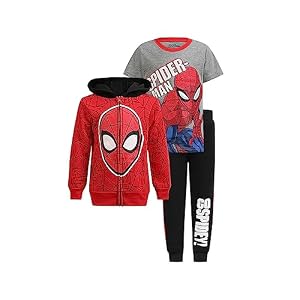 Marvel Spider-Man Boys Zip Up Hoodie, T-Shirt, and Pants Set for Toddlers and Big Kids