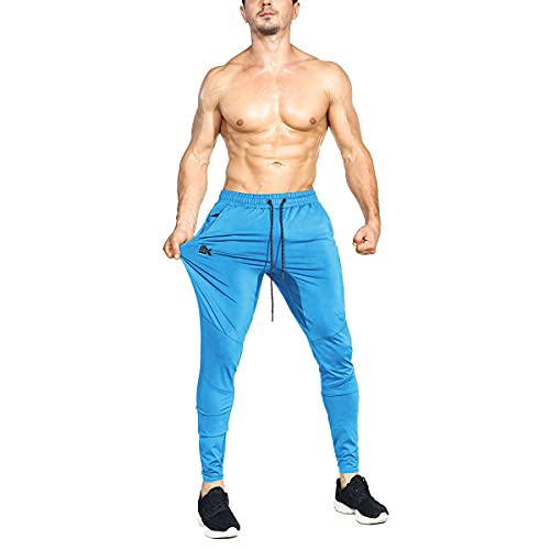 Brokig Mens Lightweight Gym Jogger Pants,Men's Workout Sweatpants With Zip Pocket(Light Blue,Medium) #TOP1