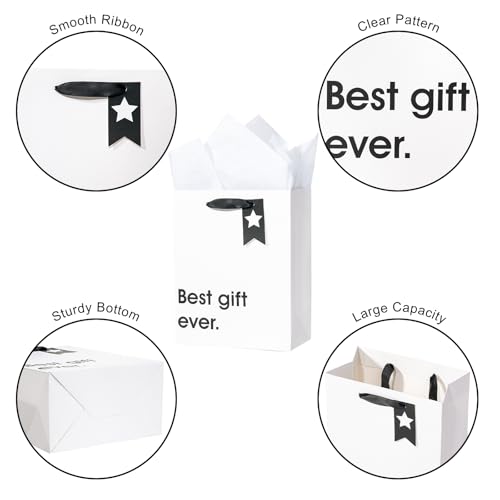 Image of Loveinside Christmas Medium Size Gift Bags Set, Funny Quirky Design with Bold Black Text Pattern with Tissue Paper Perfect for Shopping, Parties, Birthday, Holiday, 4 Pack, 7 inch X 4 inch X 9 inch