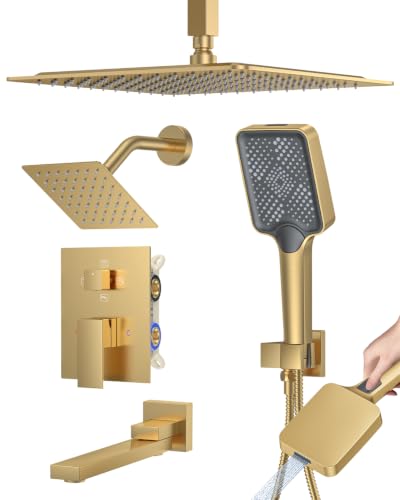 Image of Woindo 4 Function Shower Faucet Set 12 inch Rain Shower Head /6'' Side Shower Head and 3 Setting Handheld Ceiling Mount Push Button Diverter Complete Rainfall Round Shower System Included Valve Trim Kit