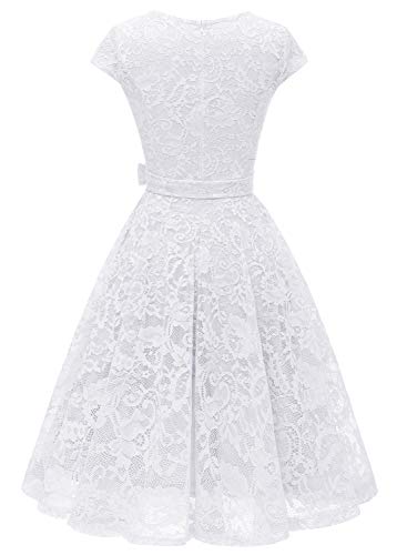 MUADRESS Women Cap-Sleeve Lace Floral Elegant Cocktail Dress Crew Neck Knee Length Bridesmaid Prom Dresses for Party White M