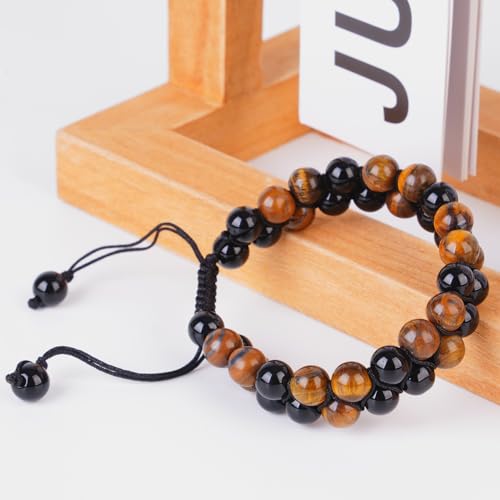 PAKUNDAS Handmade Double Protection Beaded Bracelet for Men Women 8mm Natural Tiger Eye Hematite Stone Adjustable Stretch Crystal Healing Jewelry — view 5
