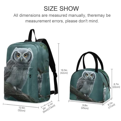 Forest Owl Print Backpack Set with Lunch Bag, Large Capacity Travel Backpacks and Lunch Box Insulated for Commute Hiking Picnic2