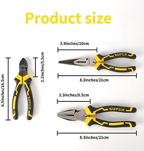 AIBAOBAO Pliers Set, 3 Pcs Pliers Include Compound Action Pliers, Long Nose Pliers and Precision Cutter Pliers, Heavy Duty Pliers Tool Set for Electrical Work, DIY Professional Repair Tool Kit, Home