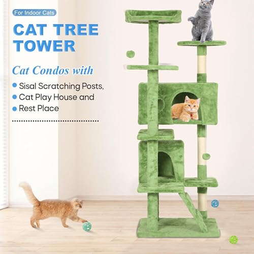 FDW | 54" Cat Tree Tower | Green | Multi-Level Indoor Activity Center with Sisal Scratching Posts, Condos, Plush Perches, Hanging Cat Toys | Sturdy, Easy to Assemble | for Kittens & Adult Cats by FDW - Image 3