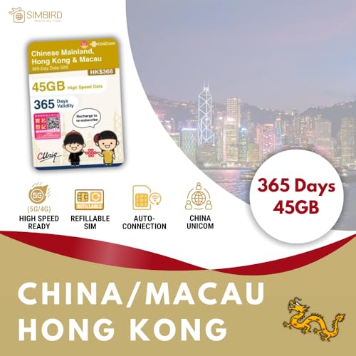 Carte SIM Chine Hong Kong Macao 36 Go 365 jours 5G/4G