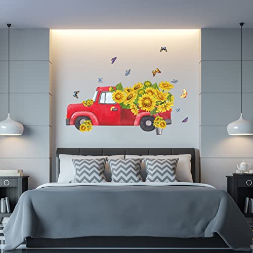 Anfigure Red Truck Sunflower Wall Decal Living Room Bedroom Wall Stickers Girls Room Baby Room Flowers Butterfly Tv Sofa Background Wall Art Decor Mural Vinyl Peel And Stick Decorations #TOP2