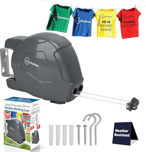 Laundry Mate Retractable Washing line – Duo Reels 2x15M Heavy Duty Extendable Washing Line with Twin Cable - Wall Mounted Washing Line for drying cloths - Indoor & Outdoor Ultimate Drying Solution