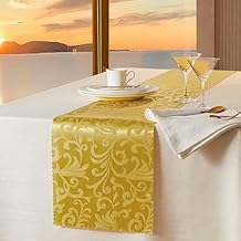 Manyshofu 5Pcs Gold Satin Table Runner - 12 x 108 Inch, Damask Decor, Jacquard Bright & Smooth Wedding Print for Banquet, Chef Buffet, Dinner, Graduations