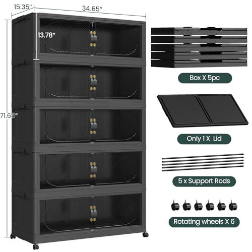 QAVABIN 1200QT Extra Large Stackable Storage Bins with Lid, 300Gal Plastic Closet Organizers and Storage Drawer, Collapsible Cabinet Box with Wheels Clear Doors for Home Kitchen Office, 5Pack Black - Image 2