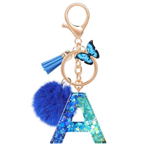 MWOOT Nombre Letra inicial A Llavero, Azul Llaveros Coche para Mujeres, Encantos de Resina Para Llave de Puerta Llave del Coche Decoración Del Bolso