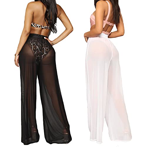 Kit 2 Calça Feminina de Praia Verão Boca Larga Transparente Leve e Fresquinha Preto/Branco/M
