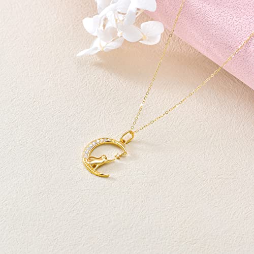 SISGEM 14K Real Gold Moon Cat Necklace #TOP20