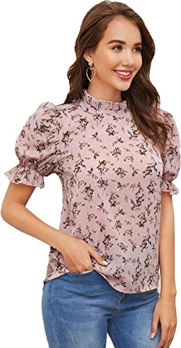 Lymio Women's Regular Peach Color Chocker Neck Half Sleeve Polyester Digital Printed Top (D-461-Peach-XL)