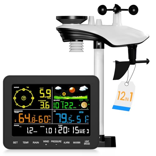 Weather Station Wireless, 12 in 1 Weather Station with Outdoor Sensor, Temperature, Rainfall, Wind