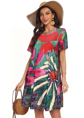Image of My Sky Summer Dresses for Women 2026 Casual Short Sleeves Tshirt Flowy Beach Plus Size Sundress with Pockets