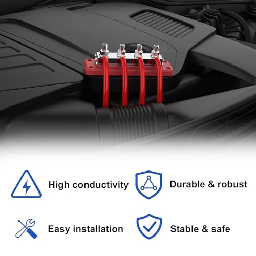 Bus Bar 600A 12V Stromverteilungsblock mit 3/8\ (M10) 4-Posts Klemmenblock mit Abdeckung für Automotive, Marine, Batteriesystem (Rot)