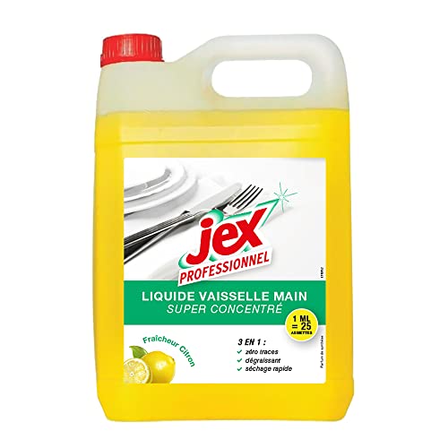 JEX - Liquide vaisselle Mains Parfum Citron - Action 3 en 1 : Dégraissant, Zéro Traces, Séchage Rapide - Formule Ultra-Concentrée - Fabrication Française - 5 Litres