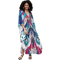 Women's Embroidery Beach Cover Up Kaftan – Plus Size V-Neck Rainbow Ethnic Print, Lightweight Rayon, X-Large - View #4