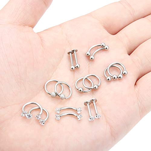 Lcolyoli 8 Pairs Stainless Steel Tragus Earring Clear Diamond CZ Forward Helix Hoop Cartilage Earring Studs Eyebrow Barbell Lip Labret Rings Body Piercing Jewelry Kit for Women Men4