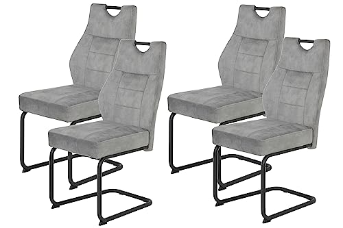 Hela Tische, 4er Set Esszimmerstuhl Schwingstuhl Linda, Mikrofaser Silber, Rundrohgestell grau, Komfortsitz Federkorb, 140kg belastbar