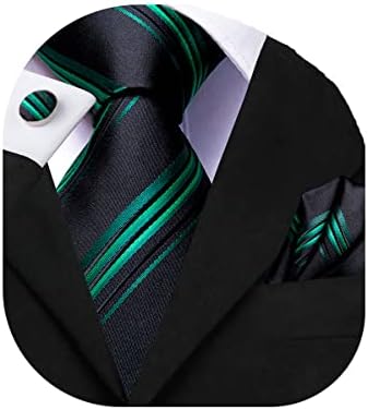Dubulle Mens Black and Green Stripes Ties for Men Silk Black Green Necktie Set Pocket Square Cufflinks Wedding Tie Set