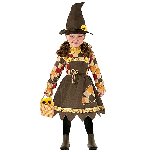 Morph Sunflower Scarecrow Costume For Toddler Girls - Dress With Hat & Straw Bag, Halloween Outfit