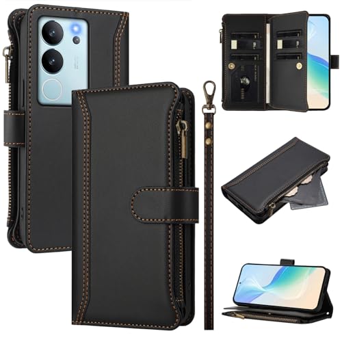 Rfvzubemok Compatible with Vivo V40 / V40 Pro,Compatible with Vivo S19 Pro / T3 Ultra Cover,Flip Kickstand Double Card Slots Zipper Wallet Case Black