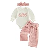 Baby Girl 1st Birthday Outfit Long Sleeve Bodysuit and Trousers Summer Clothes Set One Year Old Cute 2 Piece Cake Smash Outfits with Headband (Gingham Light Rose, 6-12 Months)