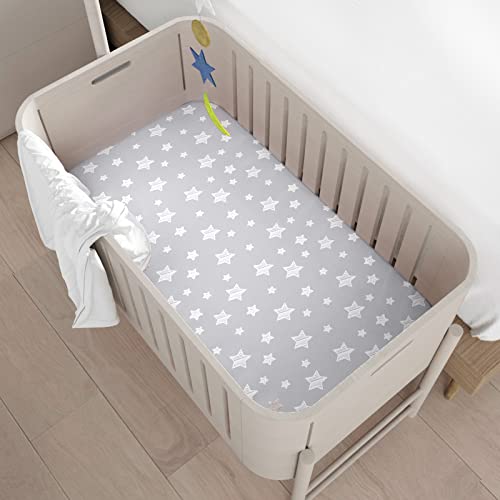 Image of Mini Portable Crib Sheets 4 Pack for Boys or Girls (38 inch X 24 inch), Compatible with Dream on Me, Delta Porta Crib and Arms Reach Ideal Cosleeper, Grey