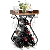 VORISKA Wine Rack, Metal Wine Racks Countertop with Glass Holder Wood Tabletop, Wine Storage Cabinet Shelf for Pantry, Kitchen, Home Bar, 7 Bottles Wine Rack Black