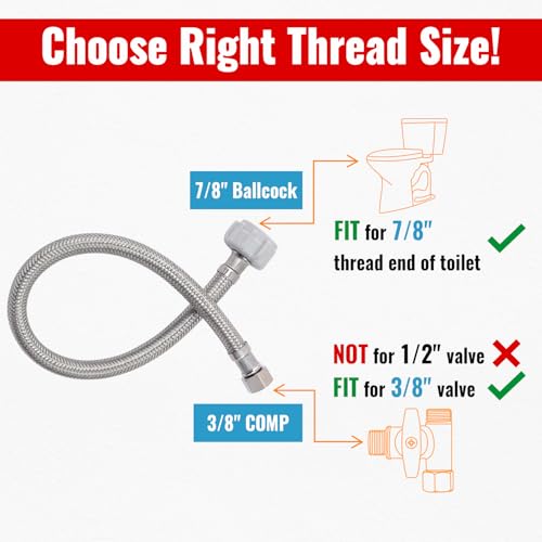 SUNGATOR 9\'\' Toilet Water Supply Line, 7/8\" Ballcock x 3/8\" Compression Toilet Hose Connector, 9 Inch Braided Stainless Steel Water Supply Line with 1 Wrench and Sealing Tape (2 Pack)