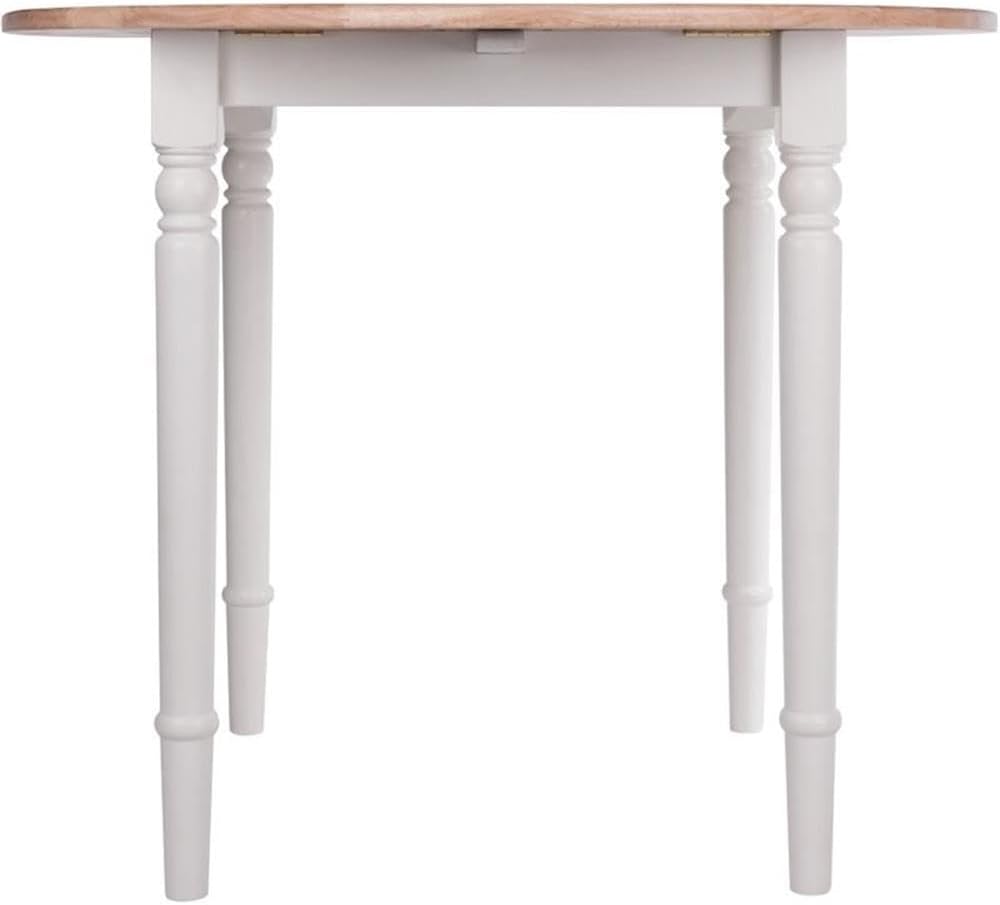 Pemberly Row 36" Round Drop Leaf Solid Wood Dining Table, Natural/White Finish, Farmhouse Style, Seats Up to 4, Turned Legs, Full Aprons, Kitchen or Dining Room Table