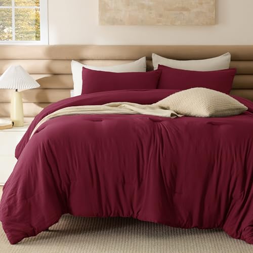 Image of Bedsure Full Comforter Set, Dark Red Soft Prewashed Bedding for All Seasons, 3 Pieces GentleSoft Bed Set, 1 Lightweight Comforter (82 inchx86 inch) and 2 Pillowcases (20 inchx26 inch)