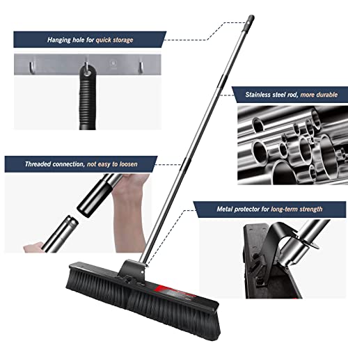 Hevol Push Broom, 24" Wide Floor Scrub Brush With Stiff Bristles And 57” Long Stainless Steel Handle, Garage Heavy Duty Broom Outdoor Push Broom For Bathroom Kitchen Yard Patio Deck, Black #TOP3