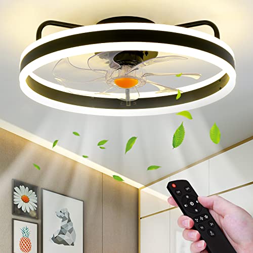Mpayel Low Profile Ceiling Fans With Lights, Remote - Flush Mount, 20" Modern Bladeless, Enclosed Small Black Fan With Dimming For Bedroom…… #TOP1