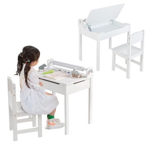 LIFEZEAL Juego de Mesa y Silla Infantil, pupitre Escolar con Silla y cajón, Escritorio con Tablero Plegable y portarrollos de Papel, Conjunto de pupitre para niños de 3 a 12 años (Blanco.)