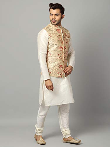 Image of Uri and MacKenzie Men's Silk Blend Regular Kurta Churidar Pyjama with Bundi Nehru Jacket /Waistcoat