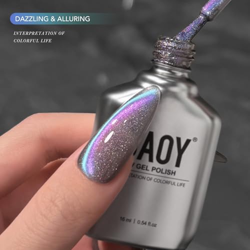 GAOY Rainbow Cat Eye Gel Nail Polish, 16ml Jelly Blue Gray Glitter Holographic Nail Polish with Magnet, Reflective Translucent UV Gel, 3312 Nebula Opal
