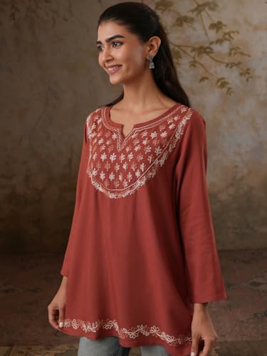 Image of QAZMI Women's Azra Kashmiri A-Line Full Sleeves Viscose Rayon Short Kurti